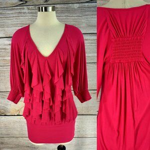 BEBE Tunic Top Shirt Ruffle Stretch Jersey Knit Hot Pink Smocked Dolman XS